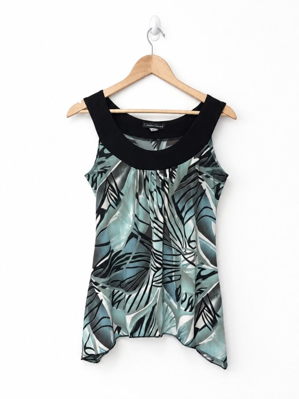 CHRISTINE GERARD‎ Blue Black Abstract Leaf Print Sleeveless Tunic Top Medium